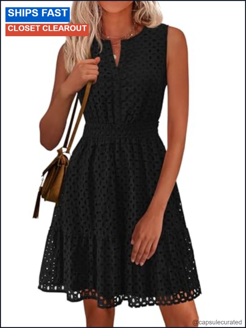 Eyelet A-Line Short Dress V-Neck Sleeveless Ruffle Knee Length